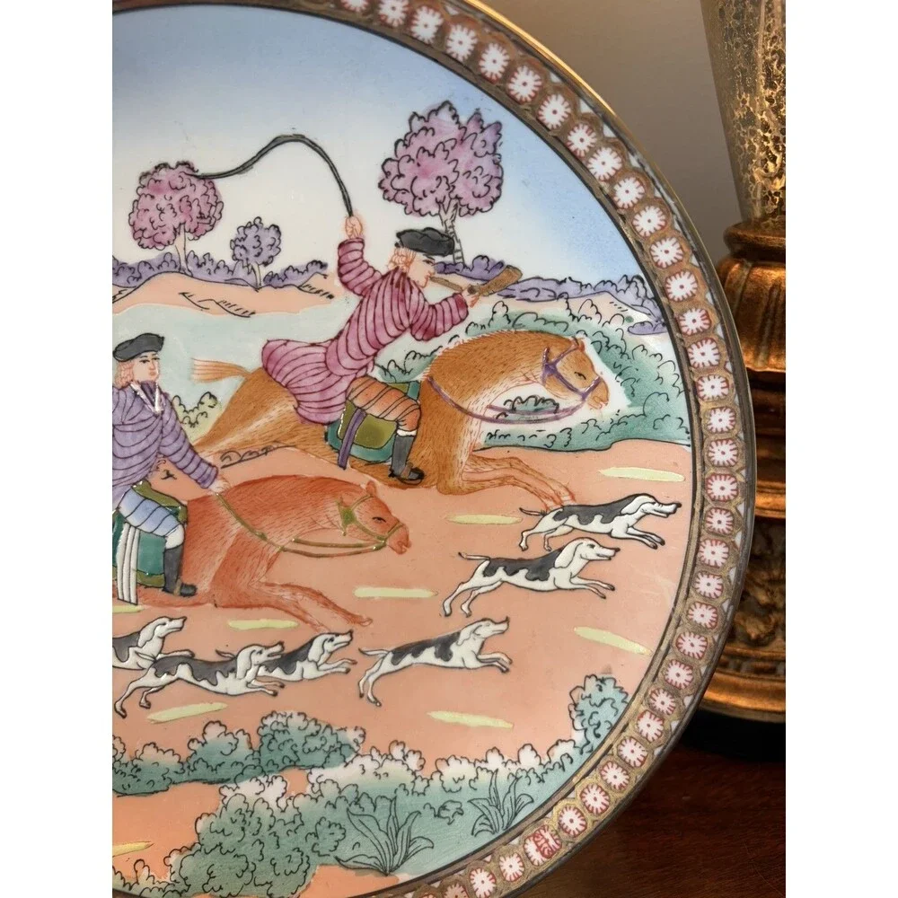 Vintage Chinese Porcelain Plate Equestrian Fox Hunt Scene Hand Painted 10
